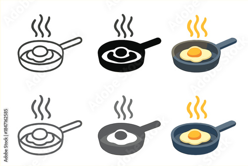 Cooking Pan Magic. Cooking pan with egg and glowing steam and rhythm arcs, first in line style with thin outline, second in solid