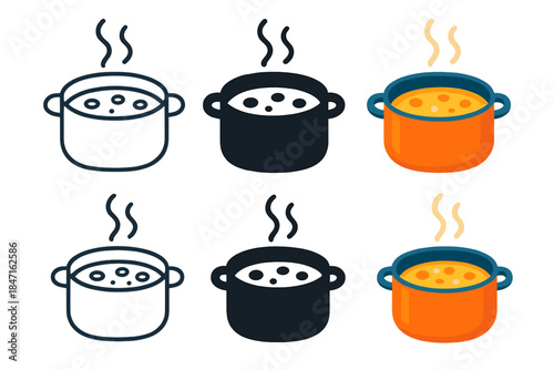 Stylized Soup Pot. Stylized cooking pot with soup and animated steam motion lines, first in line style with thin outline, second