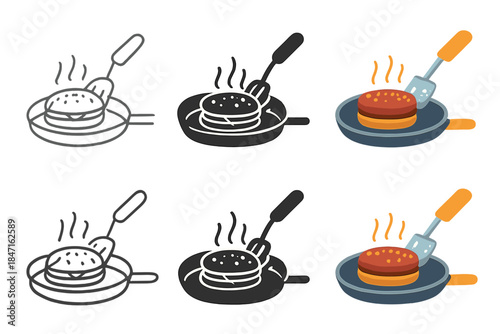 Sizzling Burger Evolution. Burger on pan being turned with spatula and sizzling arcs, first in line style with thin outline,