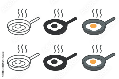 Sizzling Eggs Art Styles. Frying pan with egg sizzling and rising steam lines, first in line style with thin outline, second in