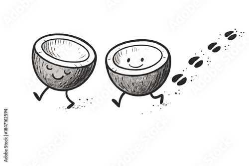 Dancing Coconut Hoofprints. Friendly doodle coconut halves leaving a rhythmic trail of hoof prints behind, snowy foley magic, No