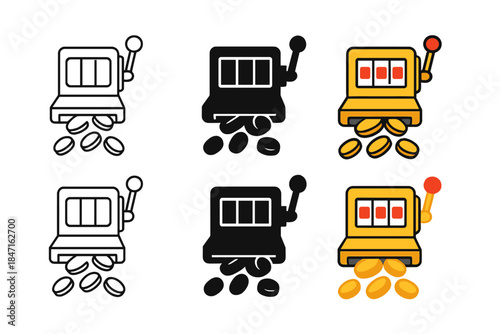 Colorful Slot Machine Coins. Coins spilling from slot machine payout tray first in line style with thin outline, second in solid