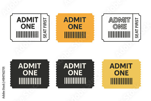 Colorful Ticket Styles. Admit one ticket with barcode and seat number first in line style with thin outline, second in solid style
