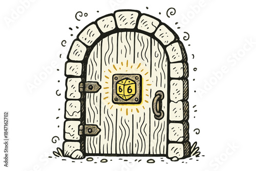Mystical Dice Doorway. Whimsical doodle dungeon door whose lock is a glowing dice roll display, numbers spinning with suspenseful