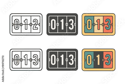 Retro Scoreboard Styles. Retro scoreboard with rotating mechanical numbers first in line style with thin outline, second in solid