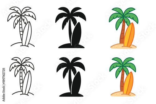 Surfboard Styles Showcase. Surfboard leaning against palm tree on sandy beach first in line style with thin outline, second in
