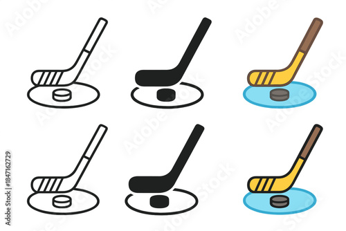 Hockey Stick Designs. Stick blade resting on puck near center circle first in line style with thin outline, second in solid style