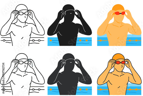 Stylish Swimmer Variations. Swimmer adjusting goggles before starting lap first in line style with thin outline, second in solid