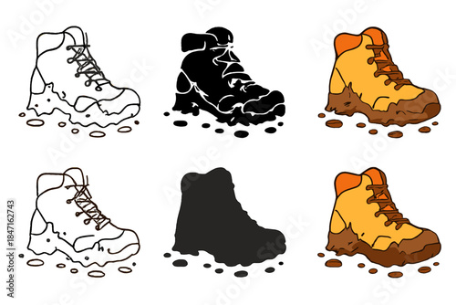 Muddy Hiking Boots. Boots covered in mud after mountain hike first in line style with thin outline, second in solid style filled