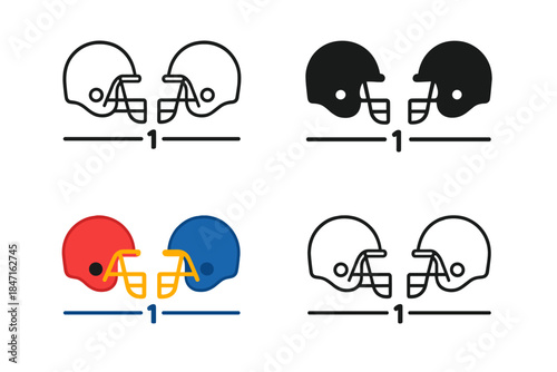 Colorful Helmet Evolution. Two helmets facing each other on yard line first in line style with thin outline, second in solid style