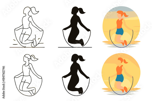 Jump Rope Silhouettes. Jump rope athlete silhouette skipping at sunrise first in line style with thin outline, second in solid