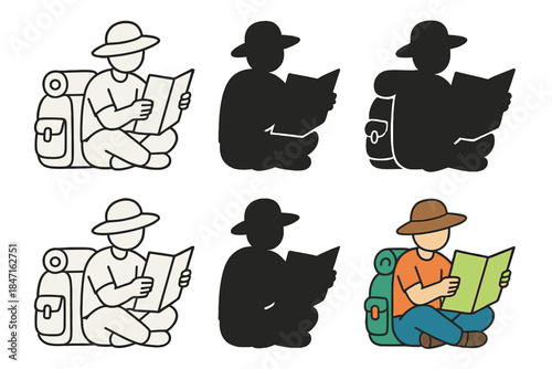 Traveler Unfolds Colorful Map. Traveler unfolding map beside large backpack first in line style with thin outline, second in solid