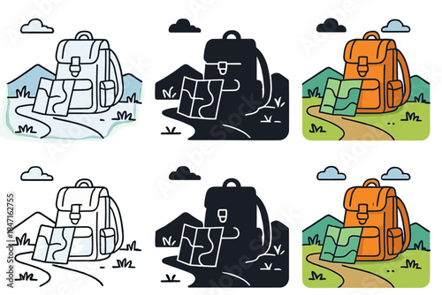 Stylized Backpack Adventure. Backpack and map under clear blue sky on trail first in line style with thin outline, second in solid