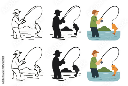 Fishing Styles Collage. Angler reeling in fish near calm lake surface first in line style with thin outline, second in solid style