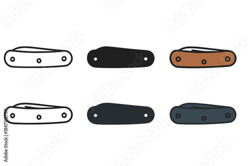 Stylized Pocket Knife Variations. Closed pocket knife with visible brass rivets first in line style with thin outline, second in