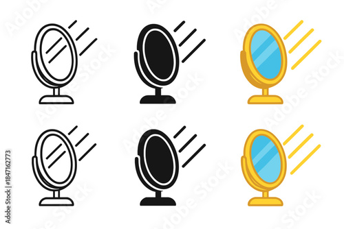 Mirror's Sunlit Transformation. Close-up of mirror catching sunlight rays at angle first in line style with thin outline, second