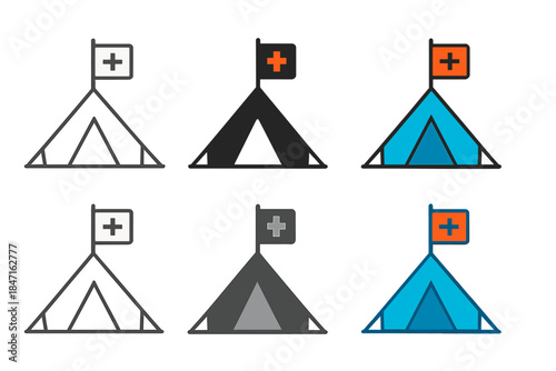 Rescue Tent Styles. Rescue tent marked with large red cross flag first in line style with thin outline, second in solid style