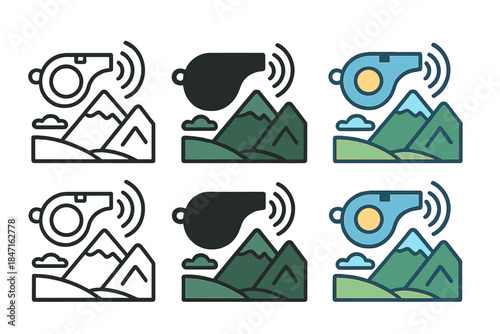 Echoing Sound Waves. Whistle sound waves echoing across mountain valley first in line style with thin outline, second in solid