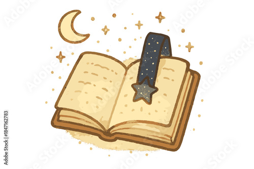Moonlit Doodle Book. Cute doodle book glowing softly under moonlight, bookmark shining like a night sky charm, No text, No labels,
