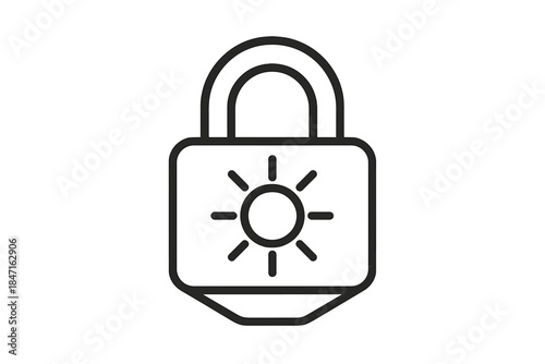 Solar Token Icon. Line style vector icons of lockslot solar token: slim lockslot form, centered opening, bright solar circle,