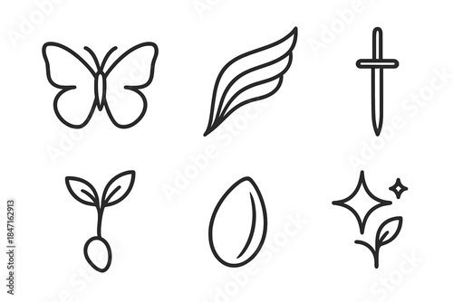 Insect Line Art. Line style vector icons of insect edge sprig: butterfly silhouette, wing crest line, fine sword edge, quiet
