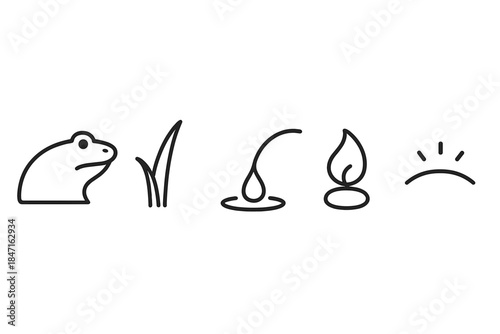 Marsh Heat Icons. Line style vector icons of marsh drip heat: frog profile, soft limb swoop, marshy drip point, subtle drop arc,