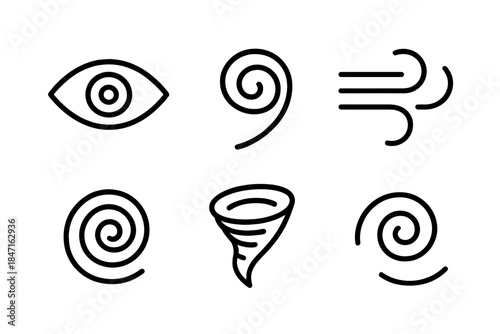 Cyclone Eye Iconography. Line style vector icons of gaze cyclone spiral: sharp eye contour, iris ring hint, rotating cyclone curl,