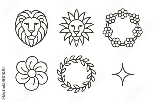 Lionhead Floral Circlet. Line style vector icons of lionhead floral circlet: lionhead contour, mane flare, floral circlet bloom,