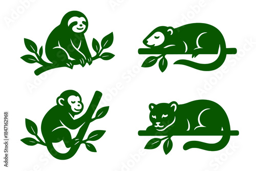 Tranquil Nature Icons. Icons for: a leafy perch holding a calm mammal, a foliage bar supporting a quiet creature, a green limb