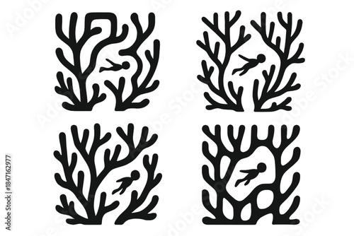 Coral Maze Odyssey. Icons for: a reef maze guiding a slim sea wanderer, branching structures directing a petite swimmer, coral