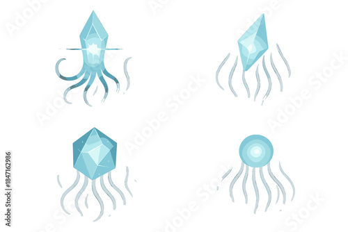 Radiant Light Icons. Icons for: a crystal spark illuminating soft tentacles, a glowing shard highlighting gentle strands, a