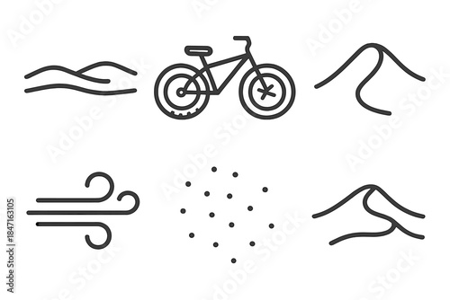 Sandbike Horizon Icons. Line vector icons of Sandbike Horizon: horizon strip, sandbike curve, dune fold, wind bead, speck grain,