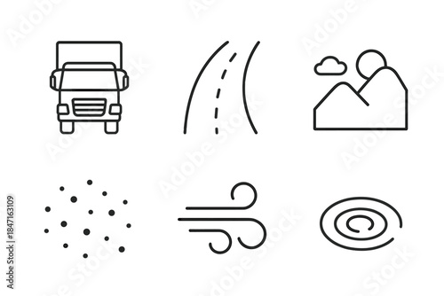 Roadline Haul Icons. Line vector icons of Roadline Haul Drive: haul vehicle, roadline curve, open view, speck grain, wind hint,
