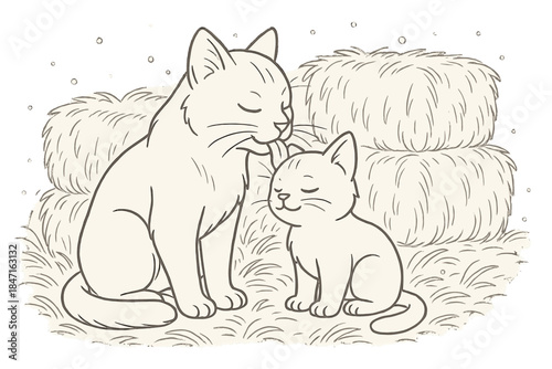 Cat and Kitten Styles. Mother cat grooming her kitten among soft hay bales and dust motes, first in line style with thin outline,