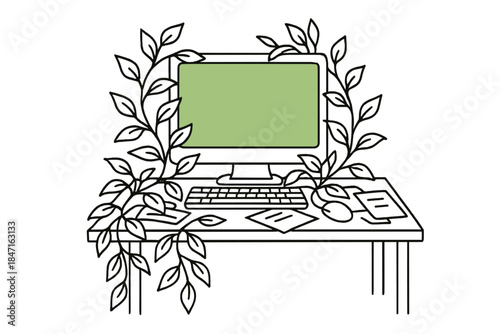 Vines Overtaking Desk. Desk with leafy vines growing over documents and computer monitor glowing green, first in line style with