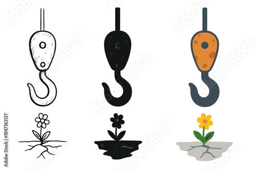 Resilient Flower and Hook. Weathered crane hook hanging near sprouting wildflower through cracked concrete, first in line style