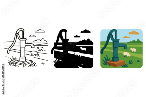 Layered Polder Landscape. Rustic polder landscape with pump and grazing sheep in distance, first in line style with thin outline,