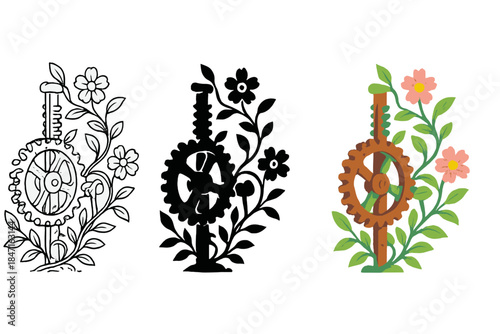 Blooming Industrial Gears. Rusted crane gears intertwined with blooming vines and petals of life, first in line style with thin