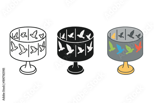 Bird Zoetrope Illusion. Bird silhouettes rotating around zoetrope drum creating illusion of flight, first in line style with thin