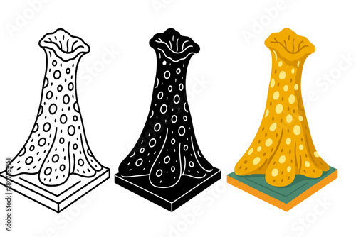 Mycelium Tower Designs. Architectural model of mycelium tower with visible spore-like texture and growth, first in line style with