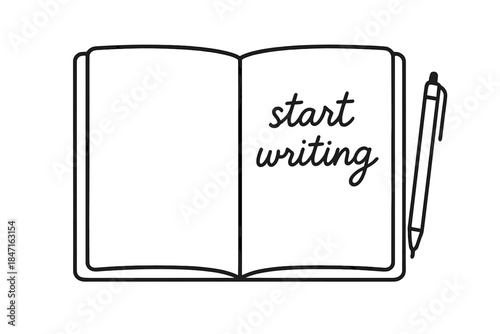 Journal Writing Inspiration. Journal open to blank page with “start writing” prompt and simple pen beside it, first in line style