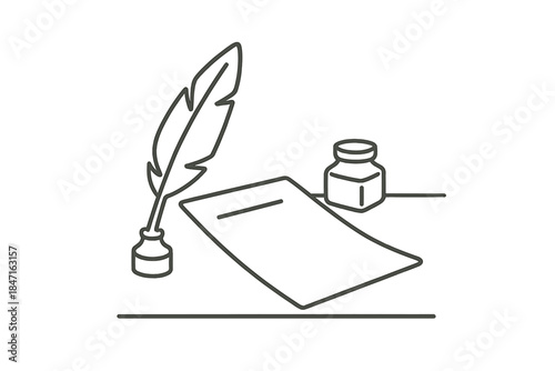 Minimalist Desk Vignettes. Minimalist desk scene with quill, small ink pot, and single open page, first in line style with thin
