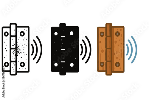 Rusty Hinge Sound Waves. Close-up of rusty hinge with small creaking sound waves illustrated, first in line style with thin
