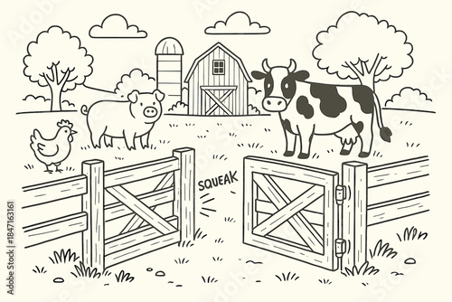 Barnyard Gate Styles. Barnyard scene showing open gate with squeaking hinge highlighted in motion, first in line style with thin