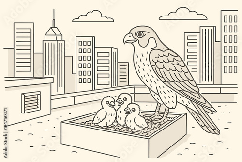 Peregrine Falcon Nest. Rooftop scene with peregrine falcon nest integrated into urban architecture, first in line style with thin
