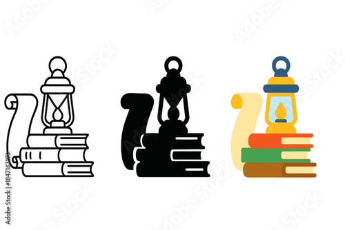 Ancient Scrolls Art. Ancient scrolls, stacked books, lantern, first in line style with thin outline, second in solid style filled