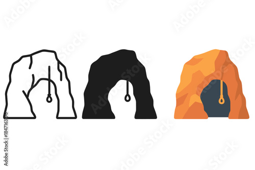 Rock Cliff Adventure. Rock cliff, cave-like annex, rope access points, first in line style with thin outline, second in solid