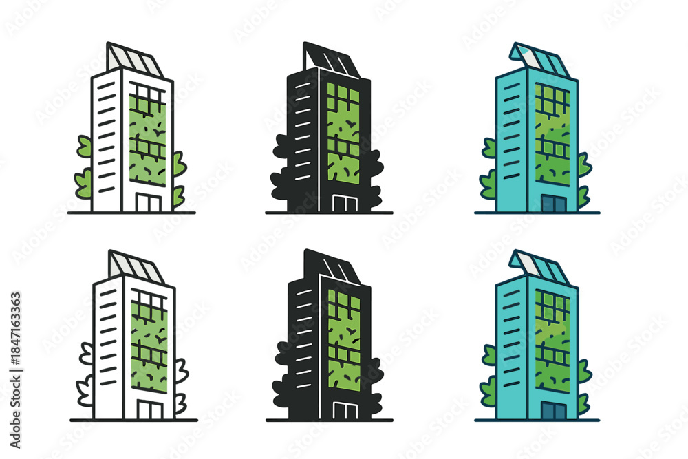 Fototapeta premium Eco-Friendly Skyscraper Designs. High-rise office block with green walls and integrated sunlight panels, minimal vector design,