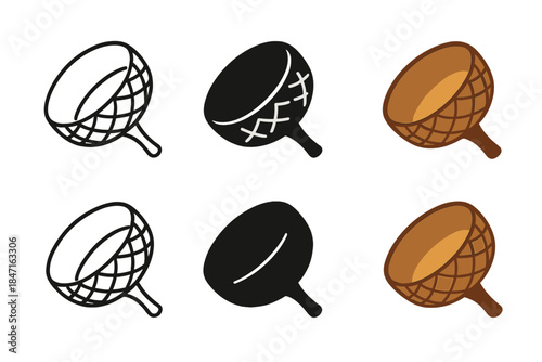 Stylized Acorn Caps. Acorn cap cup angled to show hollow interior and fine texture, minimal vector design, first in line style