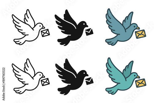 Pigeon Mail Delivery. Flying pigeon carrying a tiny envelope in beak, abstract minimal vector design, first in line style with